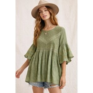 Umgee‎ Boho Sage Green Lace Babydoll Tunic Top Women's Small Flutter Sleeve